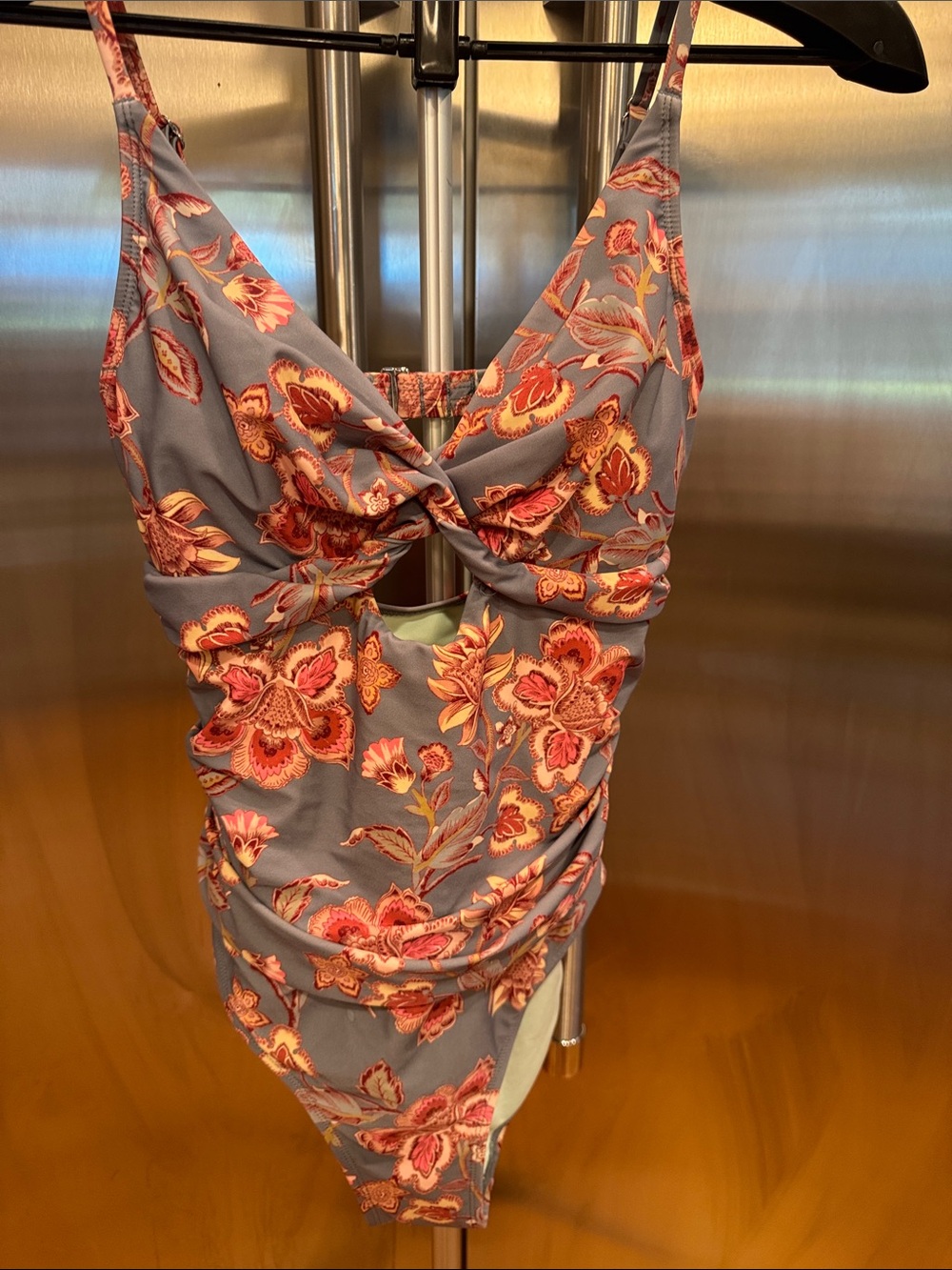 Cupshe Blue Floral Twist-Front One-Piece Swimsuit with Pink and Orange Flowers